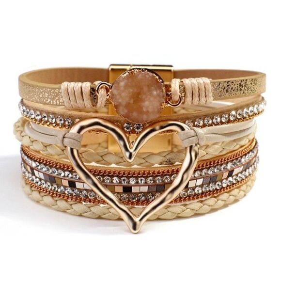 GOLD HEART MULTI LAYER LEATHER RESIN STONE & DIAMOND MAGNETIC CLOSURE BRACELET - Picture 3 of 11